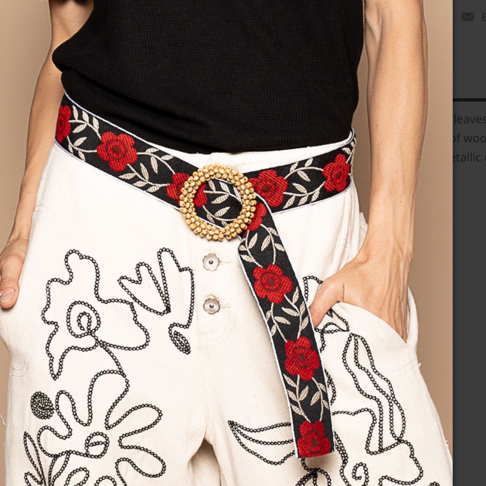 POL Black Belt with Red Floral Pattern and Gold Buckle